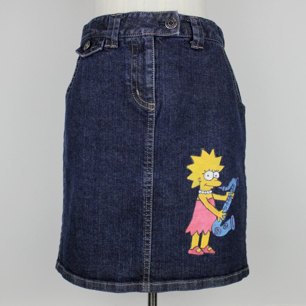 🎷 Y2K Lisa Simpson Hand Painted Ann Taylor Denim Mini Skirt Size 4